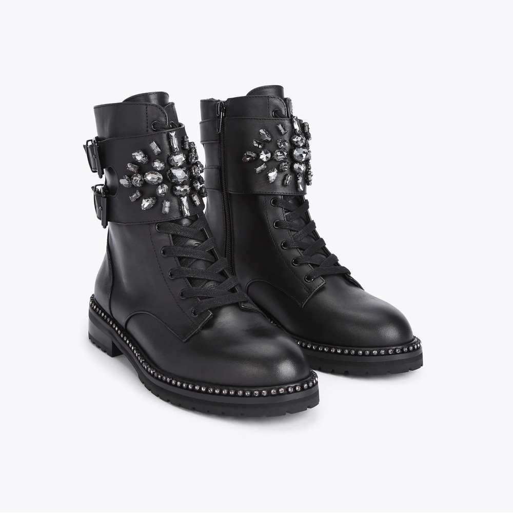 Kurt Geiger London Girls Mini Stoop Embellished Black Combat Boots Sz 3 New